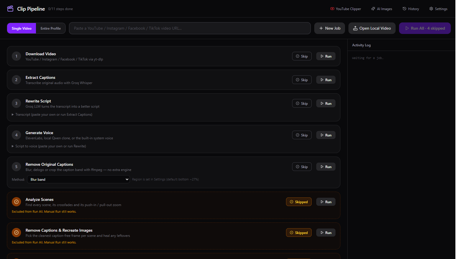 Clip Pipeline main window with URL bar, Run All, pipeline steps and live activity log.
