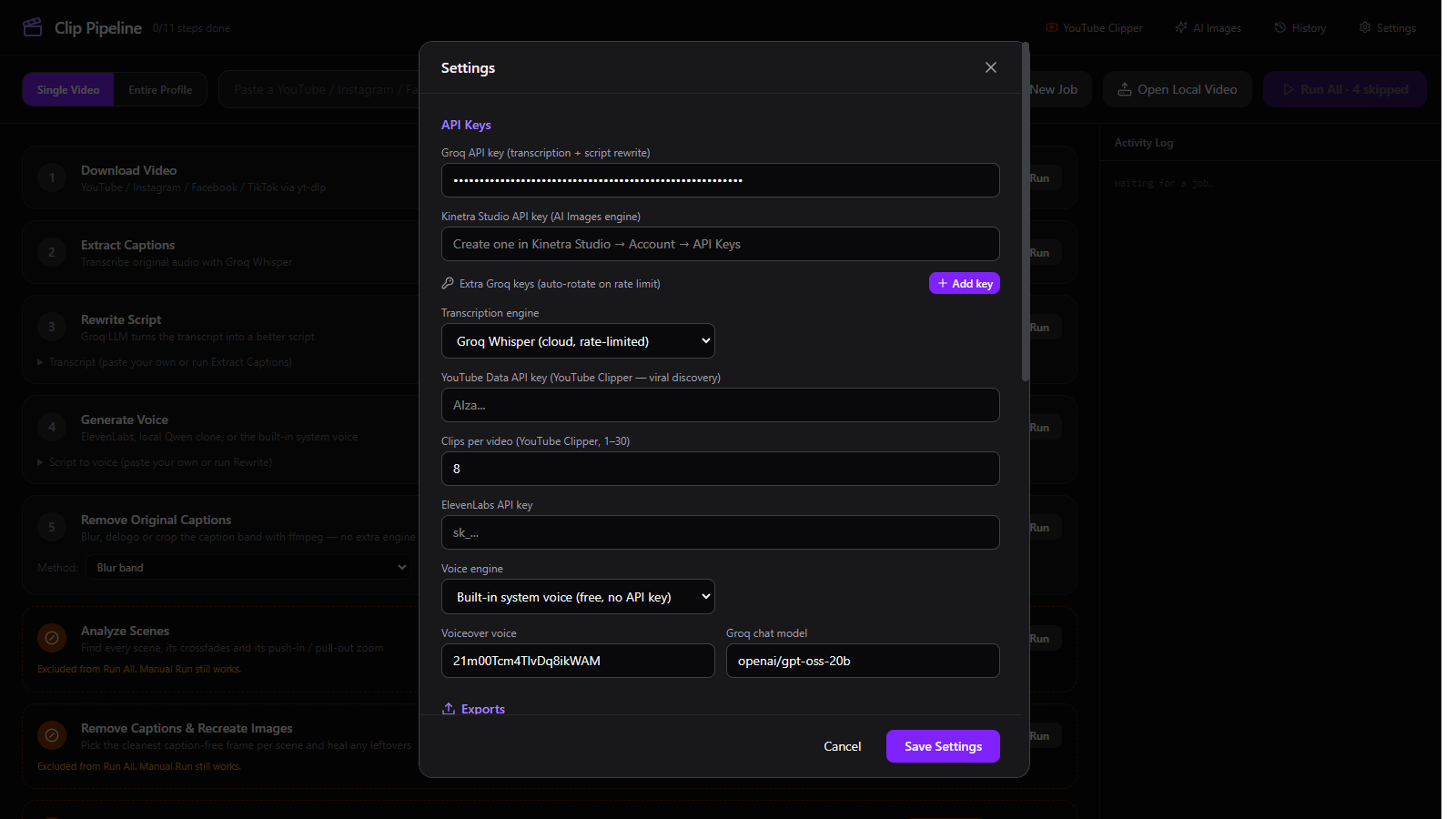Clip Pipeline Settings with Groq API key, extra keys and voice engine options.