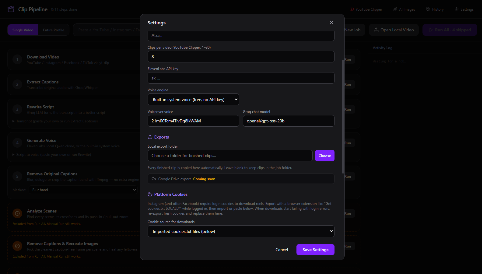 Clip Pipeline Settings showing the Local export folder with Choose and Open buttons, plus a Google Drive export Coming soon notice.
