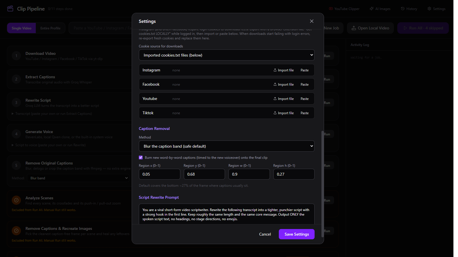 Caption removal settings showing blur, delogo, crop and AI inpaint methods.