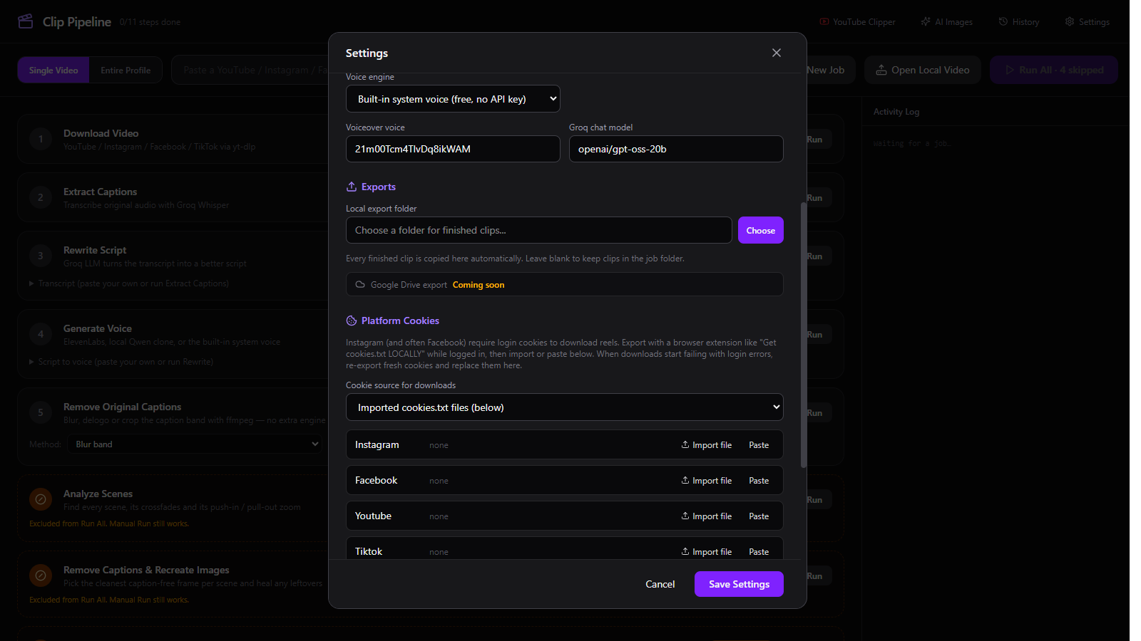 Clip Pipeline Platform Cookies settings showing cookie source and Import file or Paste buttons for Instagram, Facebook, YouTube and TikTok.