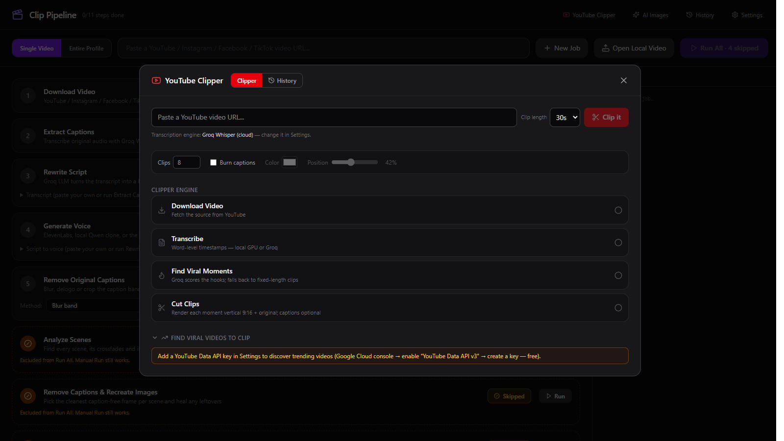 YouTube Clipper controls for clip count, clip length, caption position, caption colour and caption toggle.