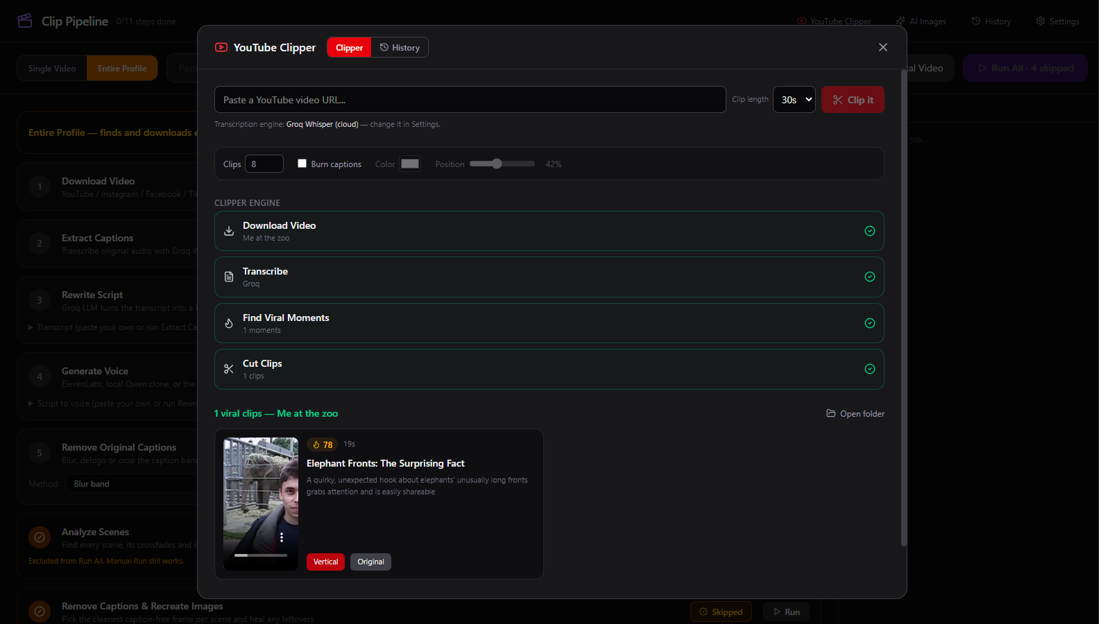 YouTube Clipper results list with generated vertical clips ready to open.