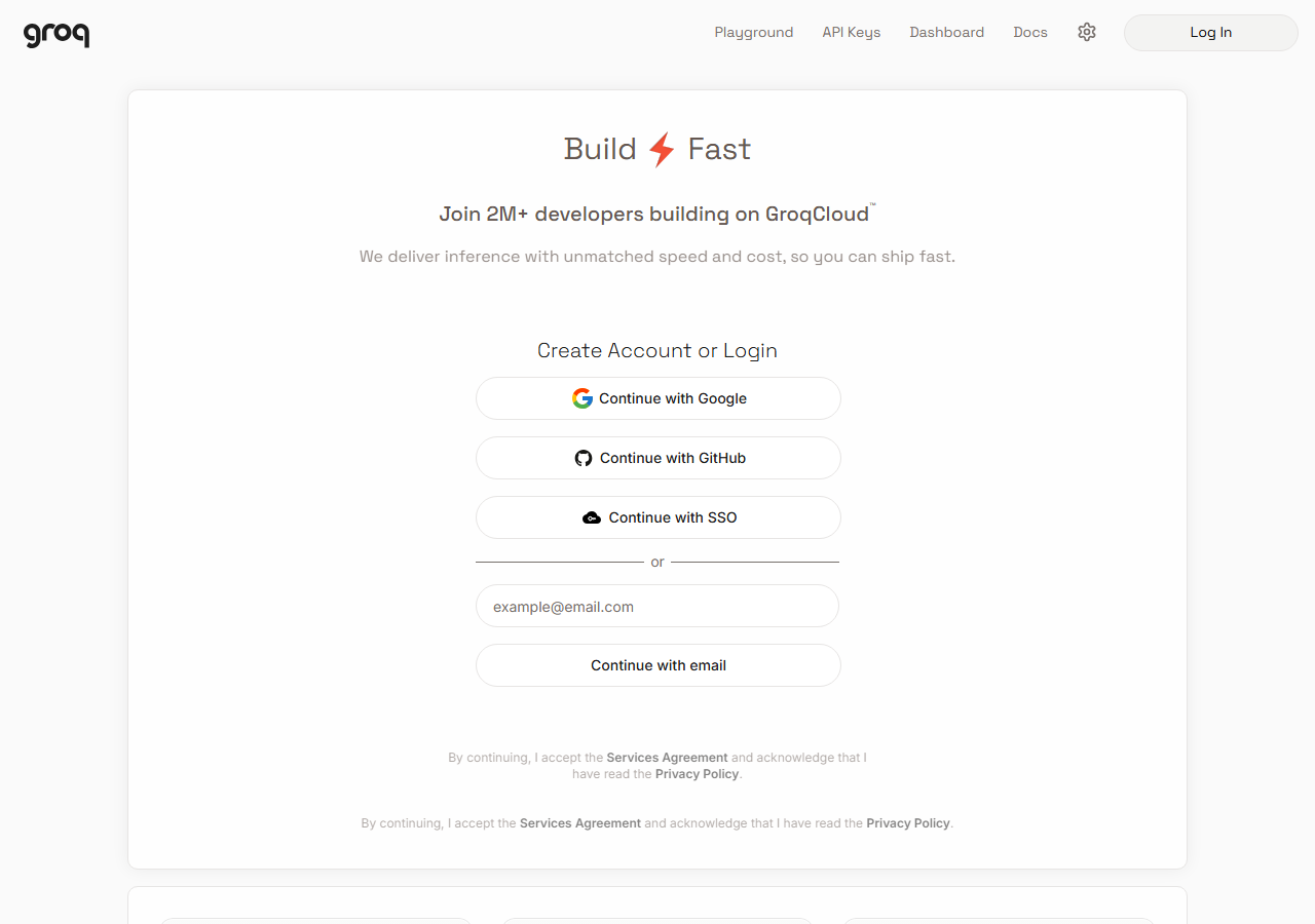 Groq Console sign-up and login screen with Continue with Google, GitHub, SSO and email options.