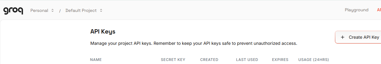 Groq Console API Keys page with the Create API Key button.